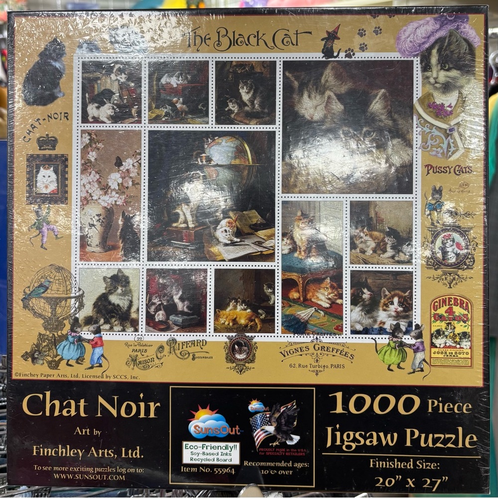 VTG New Sunsout Finchey Paper Arts 1000pc Jigsaw Puzzle-Chat Noir #55964 Cats